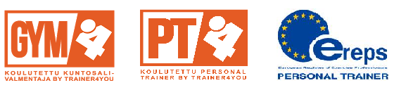 GYM-koulutettu kuntosalivalmentaja, PT-koulutettu personal trainer (Trainer4you) ja EREPS-rekisteröinti -tunnukset